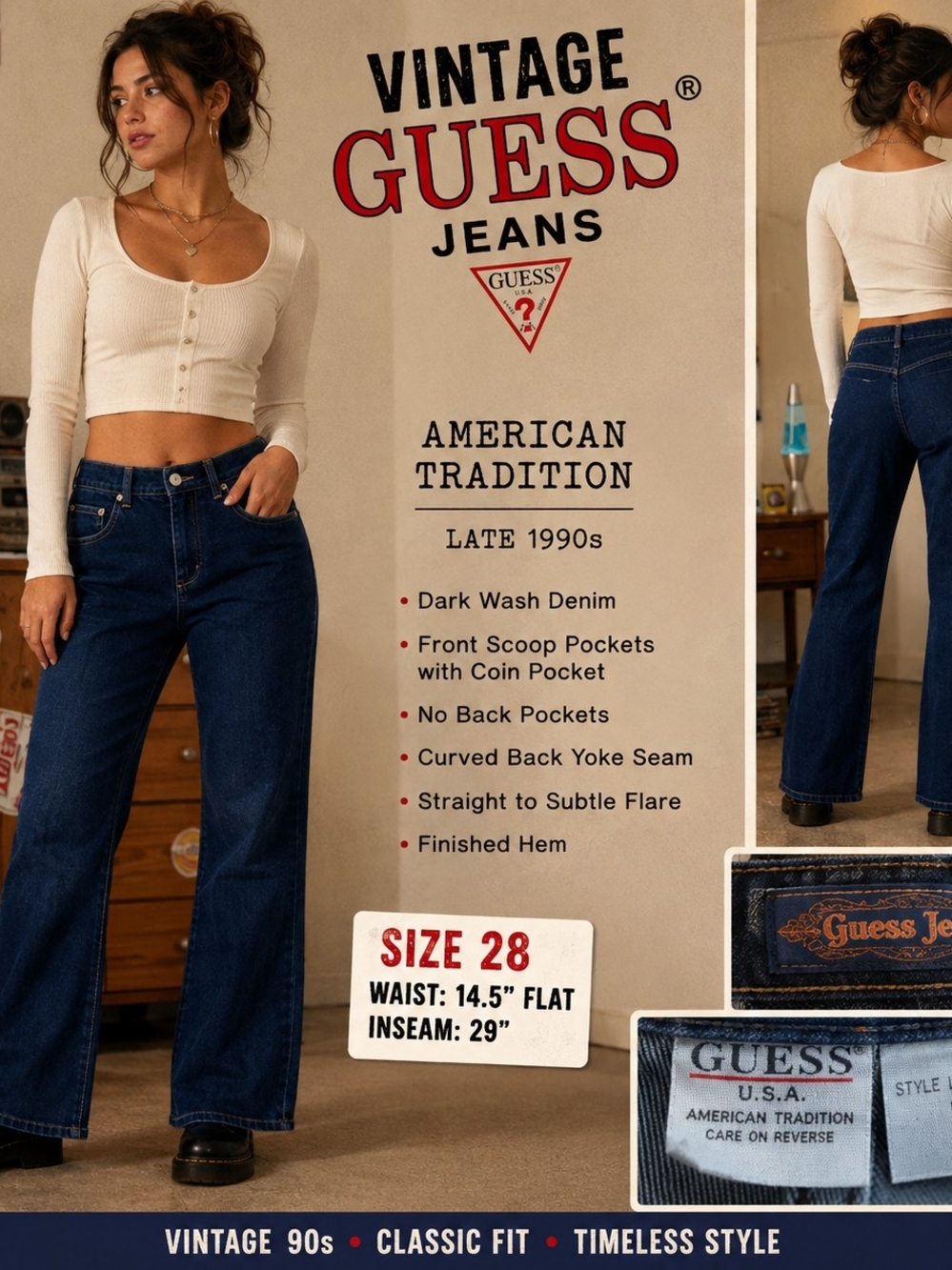 Vintage 1990s Guess Jeans American Tradition Dark Wash Flare Size 28